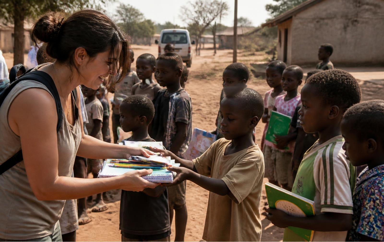 Distribution de cahiers et de fournitures scolaires à des enfants